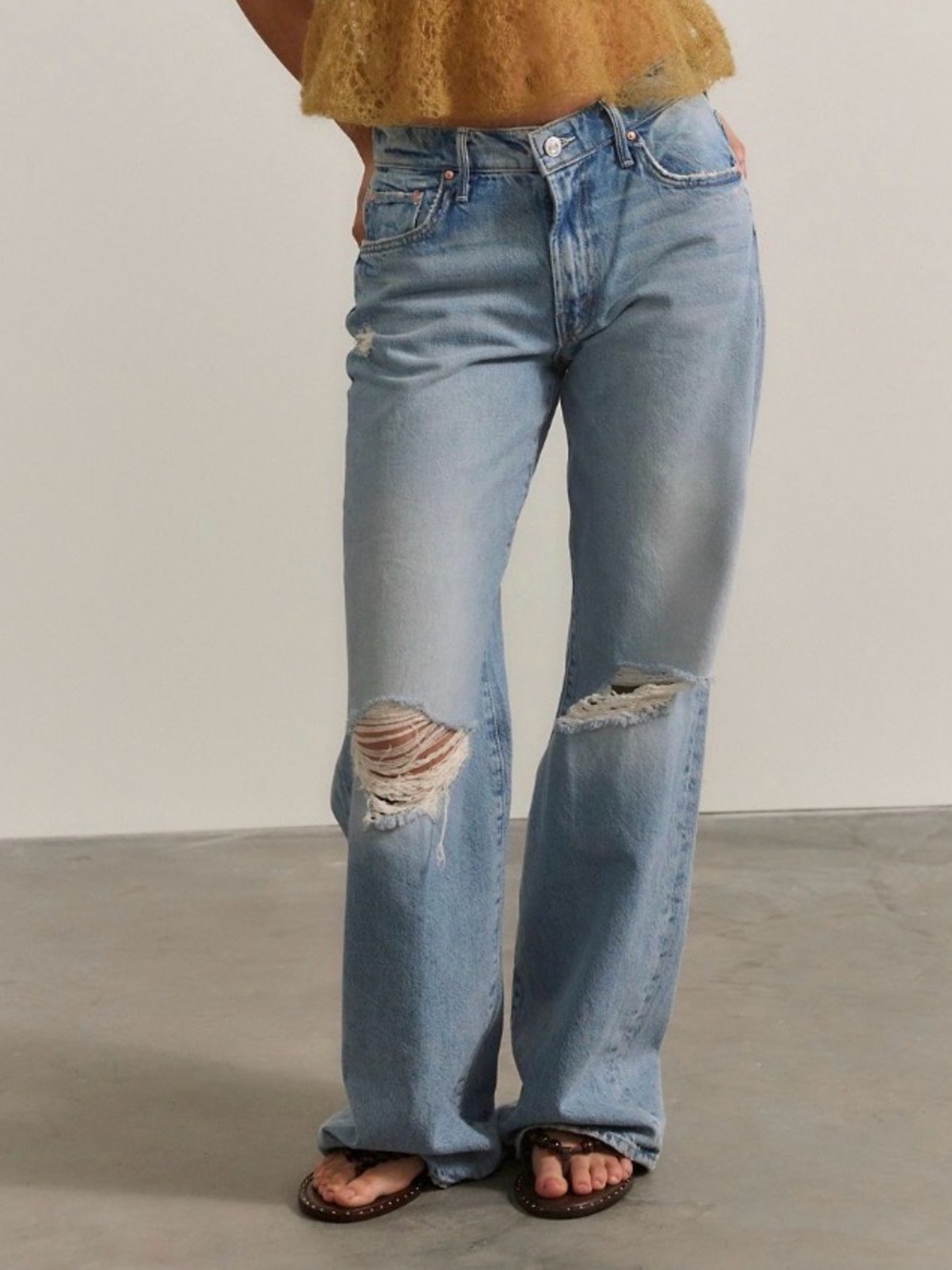 MOTHER Light Blue Distressed Wide-Leg Jeans